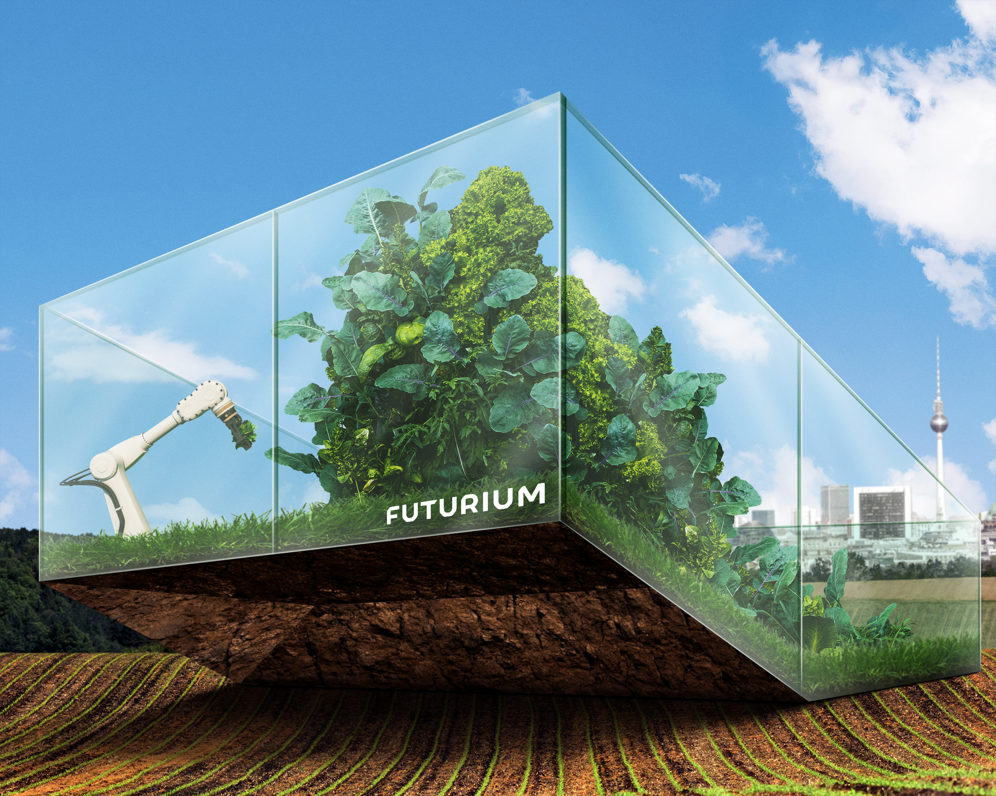 Key visual Future Fields: The glass Futurium with plants in a field, Berlin in the background