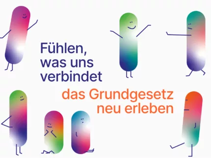 Grafische Animation von Figuren mit dem Text: "Fühlen, was uns verbindet. Das Grundgesetz neu erleben" auf dem Bild.