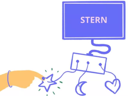 Eine Grafik zeigt eine Hand und einen Computer