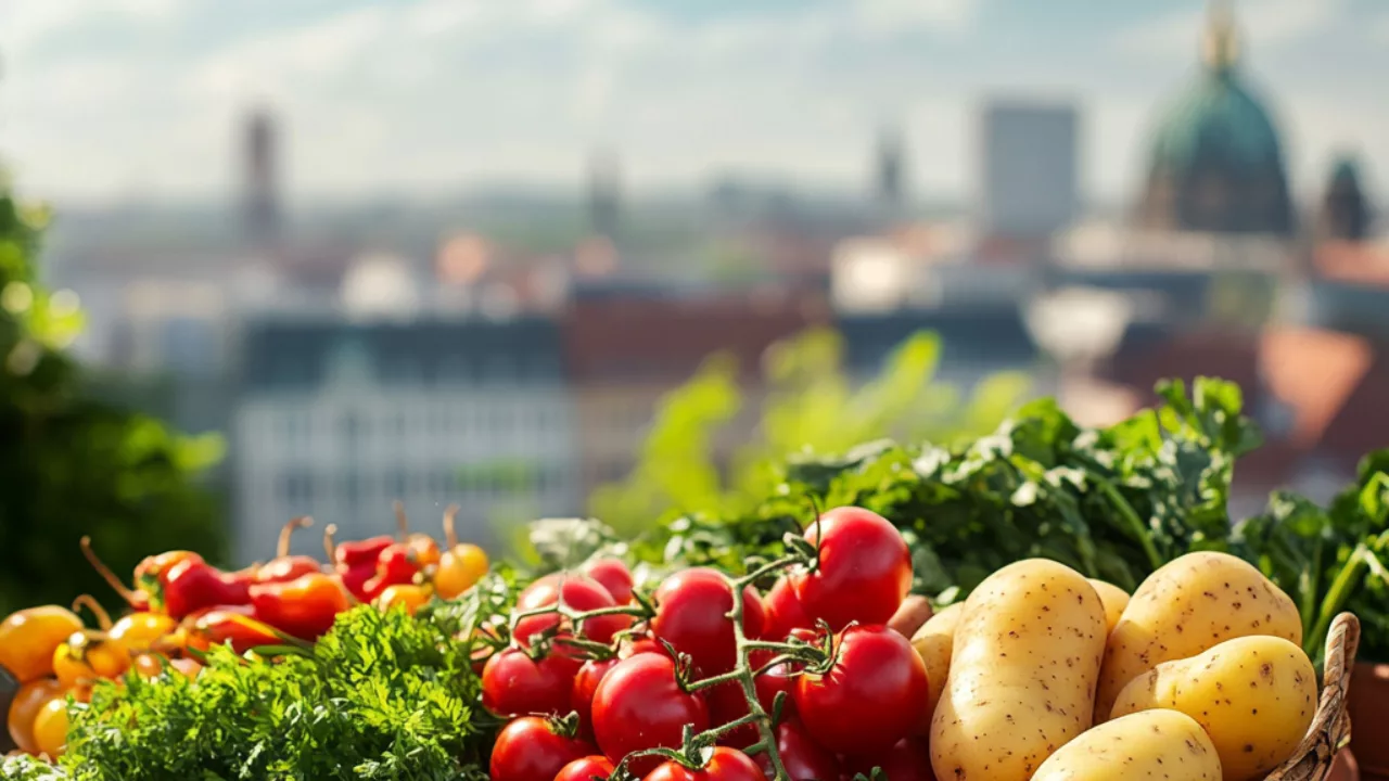 Im Vordergrund ein Tisch mit frischem Gemüse, im Hintergrund die Silhouette von Berlin