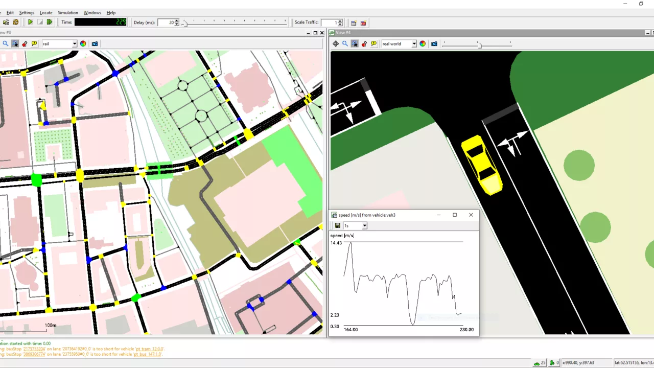 Eine Grafik zeigt einen Straßenplan von oben, eine zweite Grafik zeigt eine Straße aus der Nähe und ein darauf fahrendes Auto