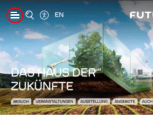 Startseite des Futuriums, das Navigationssymbol ist rot umrandet