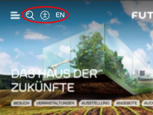 Screenshot der Startseite, Zeichen für Suche, Barrierefreiheit und Englisch sind rot umrandet