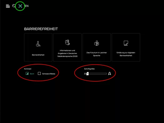Screenshot der Navigation zur Barrierefreiheit