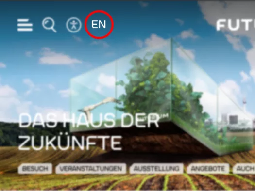 Screenshot der Startseite, die Schaltfläche Englisch ist rot umrandet