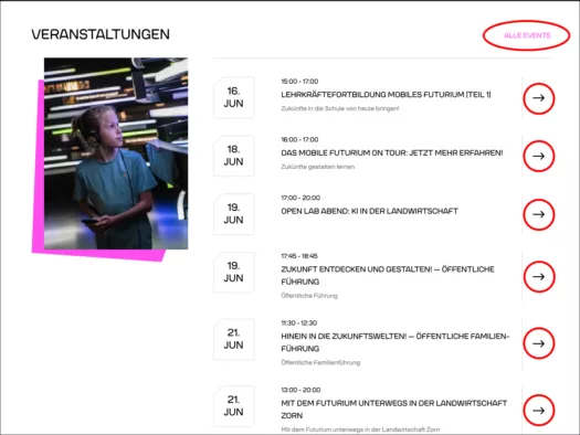 Screenshot der veranstaltungsübersicht, Pfeile sind rot umrandet