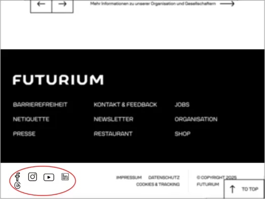 Screenshot des Footers, die Social-Media-Links sind rot umrandet
