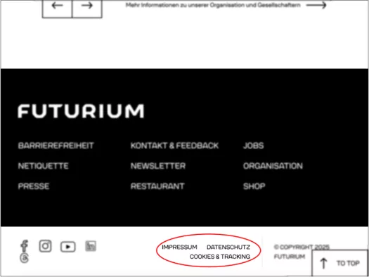Screenshot des Websitefooters, Impressum, Datenschutz, Cookies und Tracking sind rot umrandet