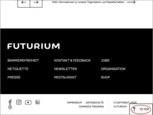 Screenshot Websitefooter, "To Top" ist rot umrandet.
