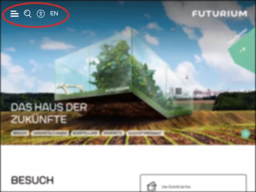 Startseite des Futuriums, das Menü ist rot umrandet