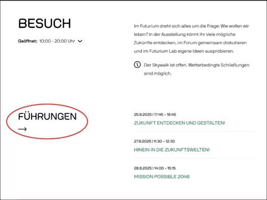 Screenshot der Startseite mit den Führungen