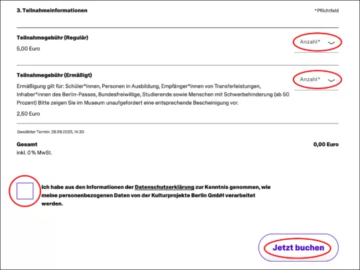 Screenshot Kartenauswahl, Datenschutz und Buchung