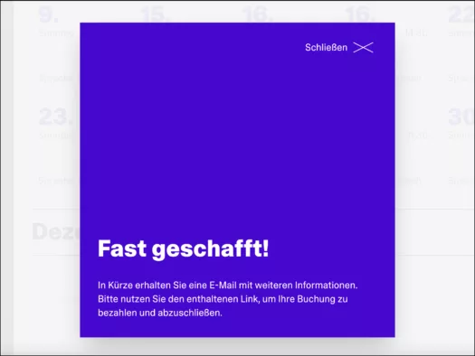 Screenshot der Buchungsbestätigung