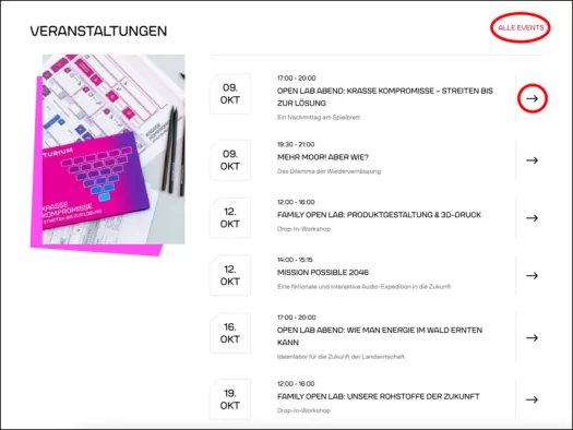 Screenshot Liste der Veranstaltungen