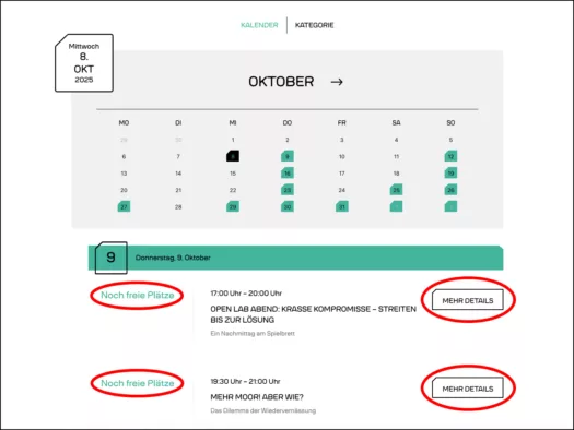 Screenshot Kalender mit Veranstaltungseinträgen