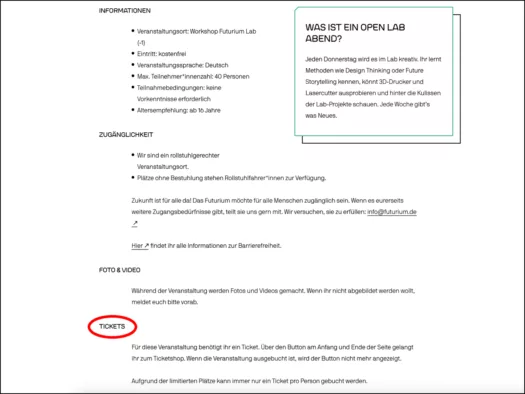 Screenshot der Ticketinformationen