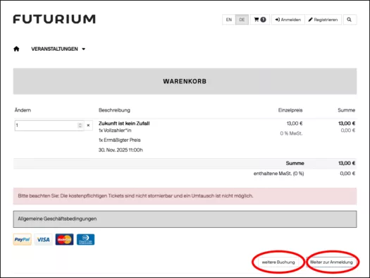 Screenshot weitere Buchungen oder bezahlen