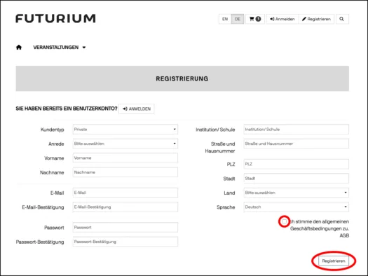 Screenshot Eingaben für die Kontoerstellung