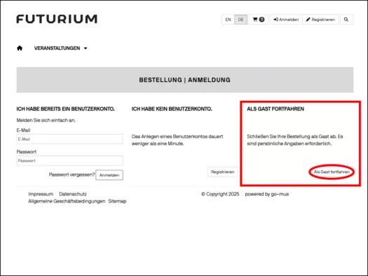 Screenshot Als Gast anmelden