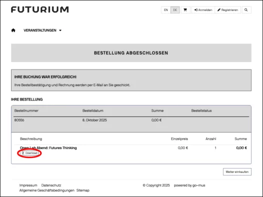 Screenshot Bestätigung der Buchung
