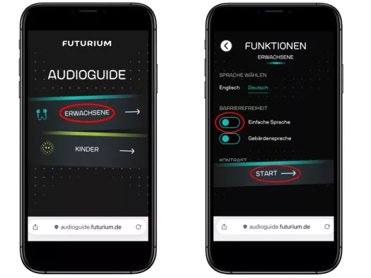 Zwei Ansichten des Audioguides: Auswahl der Zeilgruppe und Auswahl der Sprache