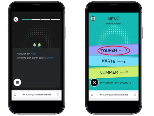 Zwei Smatphoneansichten: Begrüßungsbildschirm und Menü