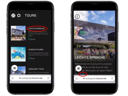 Zwei Smartphoneansichten: Auswahl der Tour und Einführung
