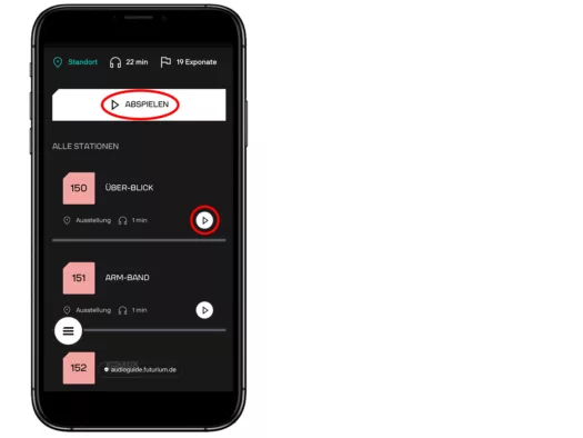Smartphoneansicht mit der Liste der Audioguidestationen