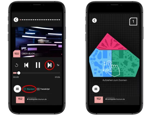 Zwei Smartphonansichten: Bedienmenü mit Play, zurück und Weiter und Standortkarte