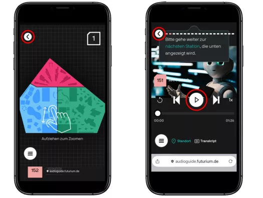 Smartphone mit zwei Ansichten: Karte und Menü des Hörstücks