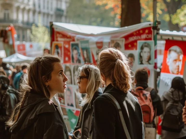 Ein öffentlicher Platz, auf dem mit Bannern geschmückte politische Info-Stände stehen. Im Vordergrund schauen sich Frauen um.