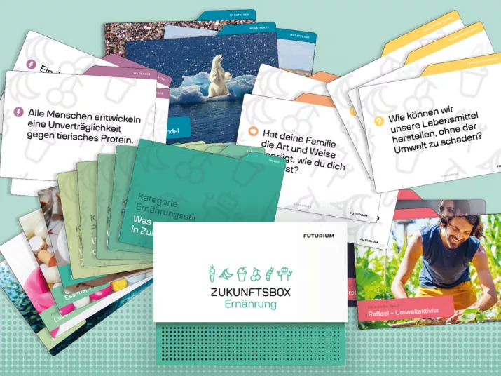 Das Titelbild zeigt eine kurze Animation, in der alle Karten aus der Zukunftsbox einmal  vorgestellt und ausgelegt werden.