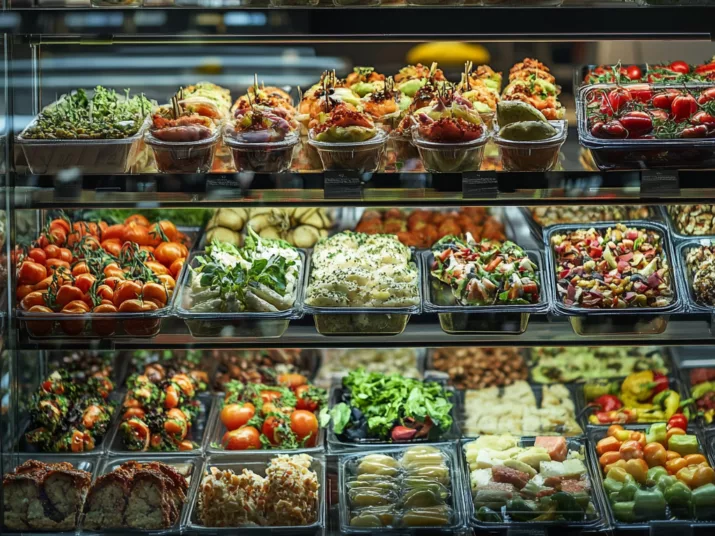 In einer Vitrine stehen viele verschiedene Essen.
