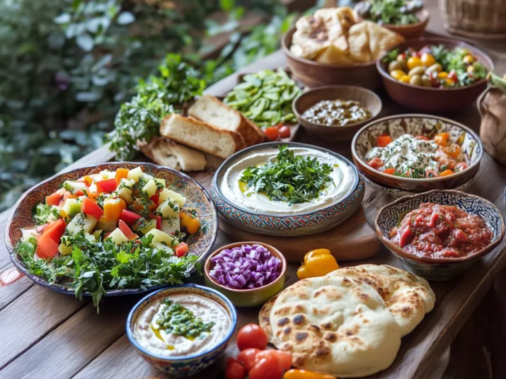 Rustikaler Tisch mit Brot und verschiedenen Salaten und Aufstrichen