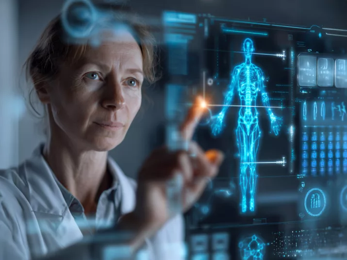 Ärztin vor einem futuristischen Display mit medizinischen Aufnahmen