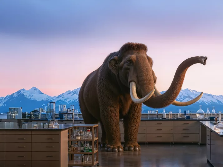 ein Wollhaarmammut in einem Labor, im Hintergrund schneebedeckte Berge