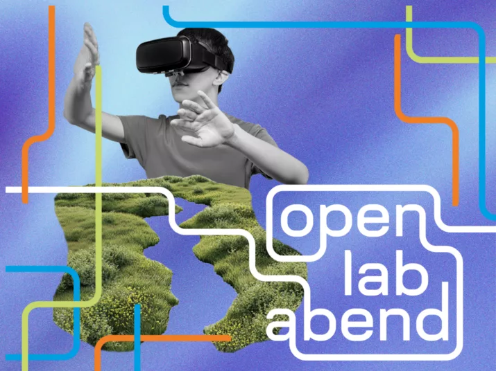 Person mit VR-Brille vor lila Hintergrund mit OLA Branding