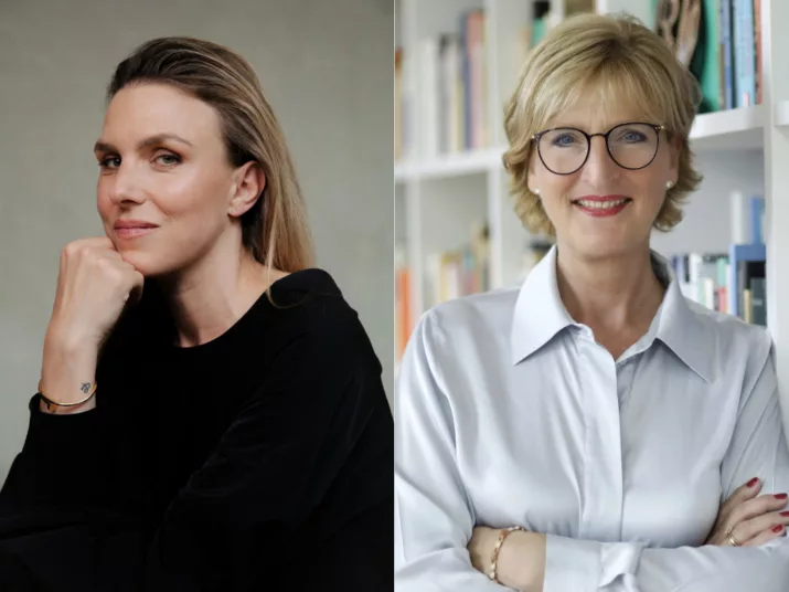 Bildcollage von den Gästen der Veranstaltung: Auf der linken Seite ist Lena Stahl und auf der rechten Seite Christiane Woopen.